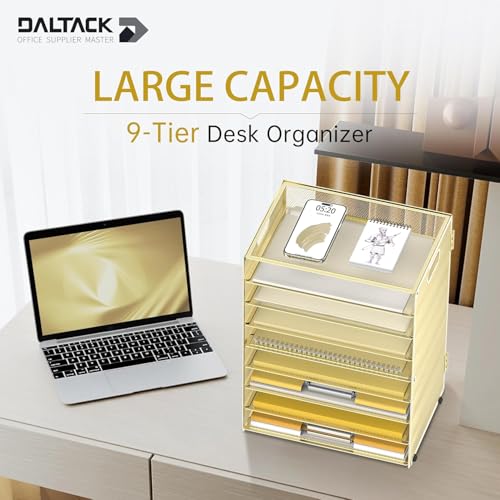 DALTACK 9-Tier Paper Organizer for Desk, Mesh Letter Tray Desk Organizer with Handles, Space-Saving File Organizer for Office Home School, Gold - color: Desk Organizer Gold