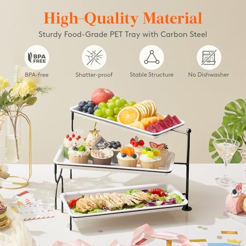 Lifewit 3 Tier Serving Tray, 36 x 17 cm/14 x 6.5" White Plastic Tiered Food Serving Platters, Rotating Tiered Tray Stand for Party with Black Collapsible Metal Stand, Dessert Table Stands for Cookies - size: 14" x 6.5", style: Rotatable