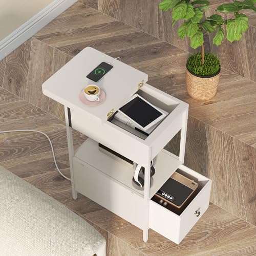 SOOWERY End Table with Charging Station, Narrow Side Table with Flip Top Cabinet and Fabric Drawer, Nightstand Bedside Tables for Small Spaces, Bedroom, Living Room, White - color: White