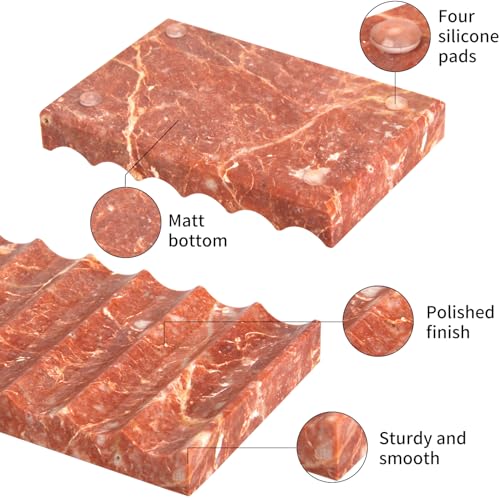 Luxury Marble Travertine Soap Dish Tray,Rectangle Stone Marble Soap Tray,Self Draining Soap Holder for Bathroom, Kitchen (Red Travertine) - color: Red Travertine