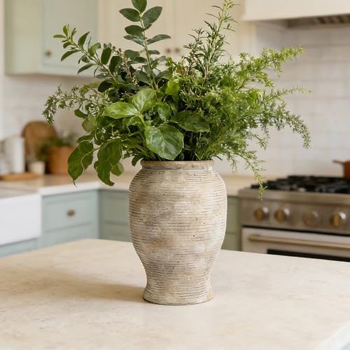 9" Ceramic Vase for Flowers - 100% Waterproof Farmhouse Rustic Flower Vase, Hand-Finished Ribbed Textured Decorative Vase, Distressed Oatmeal Pottery for Modern Home Decor, Mantel, Shelf