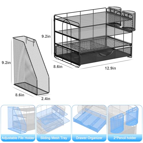gianotter Desk Organizers and Accessories with File Holder, 4-Tier Desk Accessories & Workspace Organizers with Drawer and 2 Pen Holder, Paper Organizer for Office Supplies (Black) - color: Black