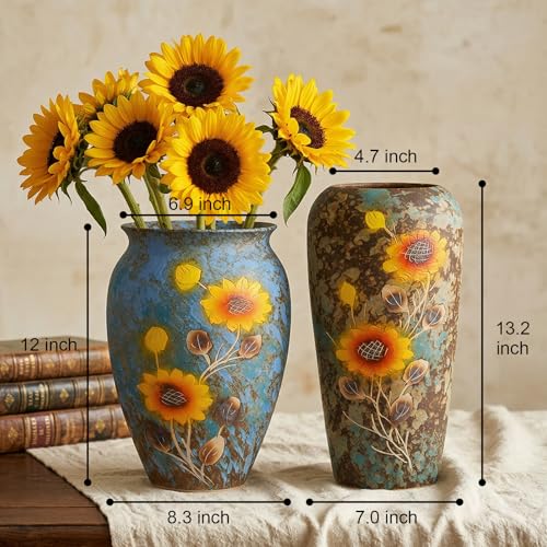 13.2 Inch Ceramic Flower Vase with Drainage Hole, Hand-Painted Sunflower Decorative Vase for Indoor & Outdoor Use, Available in Blue & Rust Color, Includes Rubber Stopper & Mesh Pad - color: Brown-sunflower