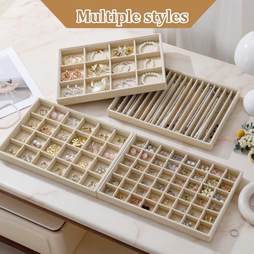Large Jewelry Drawer Organizer Trays Set of 4, Stackable Velvet Jewelry Trays Organizer Holder Display Storage Showcase for Earring Necklace Bracelet Ring Accessary (Beige, 12+17+24+48 Grids) - color: Beige, size: 12+17+24+48 Grids