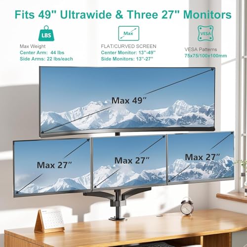 WALI 4 Monitor Mount for 13-49 inch Ultrawides on Top Bracket and 27 inch Screens on Lower Brackets, Heavy Duty Arm Extra Tall Quad Monitor Stand, up to 44 lbs (GSDM004S-P), Black - size: 13"-49", style: Quad Arms