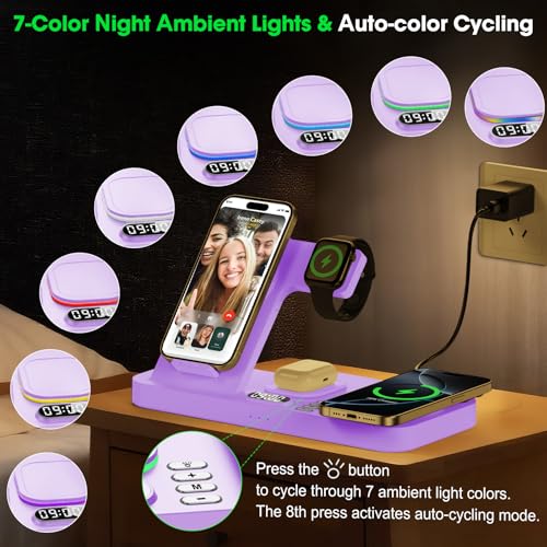 Dual Phone Wireless Charging Station for Apple Devices, Magnetic Charging Station for iPhone with Auto Switch 7-Color Light&Clock,Family Watch Charger for iPhone17 for iWatch11for AirPods Pro3(Lilac - color: Lilac