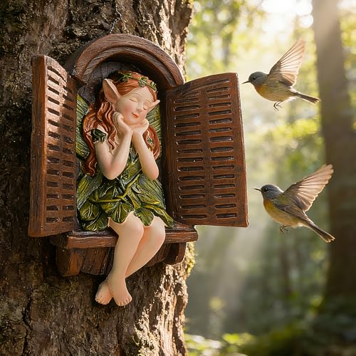 Teaeeno Whimsical Fairy Garden Gnome Statue, Tree Faces Decor Outdoor -7.8 Inch, Funny Garden Tree Decoration, Ideal Patio Yard Lawn Porch Decoration - color: Ivory
