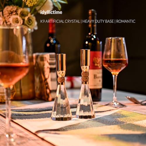 Candle Holder Crystal K9 Heavy Base for Table Decorations Christmas Party Wedding Halloween Décor Set of 2 (Gold) - color: Gold