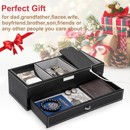 Baoyun Mens Valet Tray, Nightstand Organizers for Men, Leather Jewelry Storage Box Bedside Table Organizer EDC Catch All for Jewelry Key Wallet and Phone - color: Brown