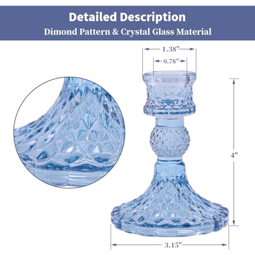 DARJEN 12Pcs 4" H Aqua Blue Candlestick Holders Set- Taper Candle Holders Bulk, Glass Candle Holders for Wedding, Party, Romantic Dinner Table Centerpieces, Festival Gifts & Windowsill Decor - color: Blue Dimond Pattern