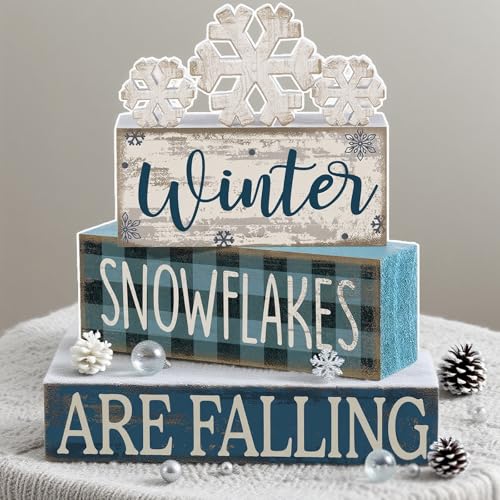 Yuntau 6 Pcs Winter Snowflakes Table Decorations Christmas Snowflake Centerpieces for Tables Winter Tiered Tray Decor Rustic Wood Snow Sign Farmhouse for Wonderland Party Kitchen Shelf Home - style: Snowfake