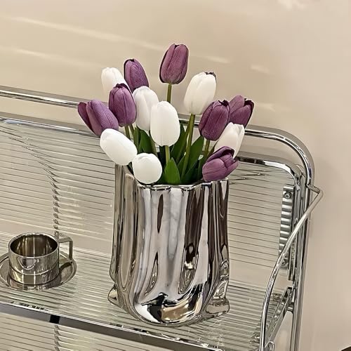 Ceramic Flower Vase, Crinkle Paper Bag Shape, Silver Metal, Modern Home Decor (X-Large) - size: X-Large