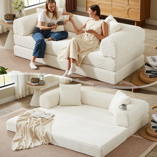 Boneless Couch Versatile Couches for Living Room No-Install Sofa Bed Corduroy Futon Soft Cloud Couch with Pillows for Bedroom Game Movie (White, 76") - color: White