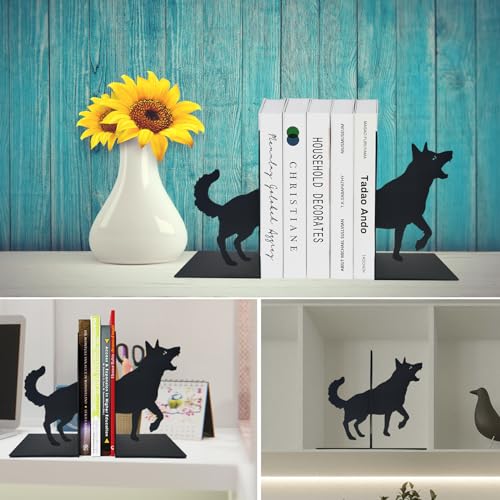 ENCIMART Wolf Book Ends Decorative for Shelves, Black Metal Bookend Supports for Heavy Books, Book Stoppers for Home Office Desktop Organizer for Men and Book Lovers Gift - color: Wolf