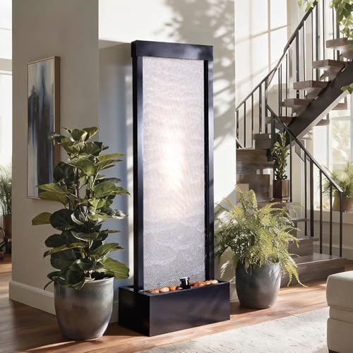 Jocoevol Mesh Panel Waterfall Fountain, Large Indoor Water Feature with Stones & Light, 64" Floor Standing Water Wall for Home Decor, Living Room, Patio, Outdoor Garden - style: Mesh Panel