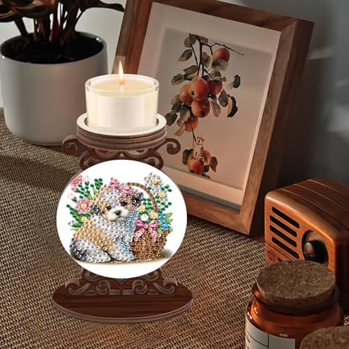 Diamond Art Painting Candlestick Holder kits, Puppy DIY shaped crystal Diamond partial art painting, woodiness Candle holder for AromaRelax & Home Decor, Christmas Halloween Ornaments (Double-Sided) - color: Puppy