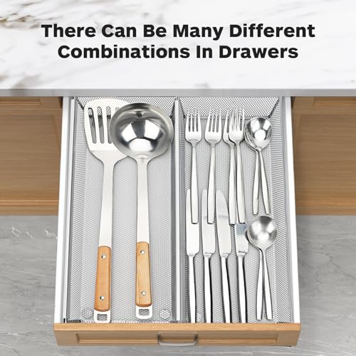 Flatware Organizer with Interlocking Arm (Grey) - 2 Pack 14.7" X 6.1" X 2" Utensil Drawer Organizer - color: Grey, size: 14.7 * 6.1 * 2 Inches