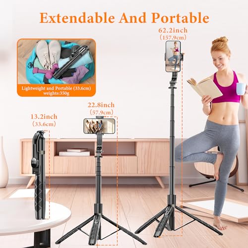 62" Aluminum Alloy Selfie Stick Phone Tripod with Wireless Remote Compatible with iPhone 17 16 15 14 13 pro Xs Max Xr X, Android/Samsung Smartphone Expandable for Travel Selfies Video Recording Vlog - style: Black(61 inch)