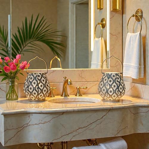 TRIROCKS Set of 2 Moroccan Decorative Lamps 8'' High Battery Powered Cordless Lamp Metal Table Lamps with Fairy Lights Bulb for Home Living Room Garden Yard Party Events Tabletop Indoor Outdoor(White) - color: White