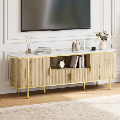 Luxury 70 in Fluted TV Stand with Faux Marble Top, Entertainment Center for TVs Up to 80 in, Wood Media Console with Curved Profile Sliding Doors and Adjustable Shelves for Living Room- Natural Oak - color: Natural Oak