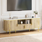 Luxury 70 in Fluted TV Stand with Faux Marble Top, Entertainment Center for TVs Up to 80 in, Wood Media Console with Curved Profile Sliding Doors and Adjustable Shelves for Living Room- Natural Oak - color: Natural Oak