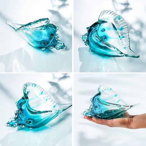 Blown Glass Conch Shell Sculpture, 8.2" Sea Glass Art Decor, Conch Shell Decorative Statues, Seashell Sculpture for Dining Tables, Entryways, Coffee Tables, Living Room, Shelf Fillers Gift for Women - color: Half Blue