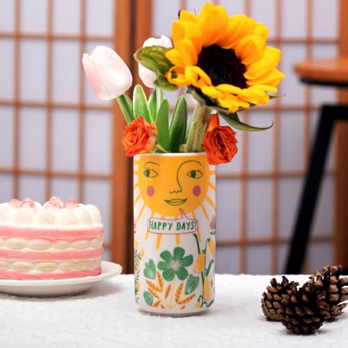 Tnstbiee Cute Medium Ceramic Flower Vase - Colorful Boho Decor with Unique Abstract Round Design for Weddings, Mother's Day, and Friends - Ideal for Displaying Flowers or Pens - color: Sun Vase
