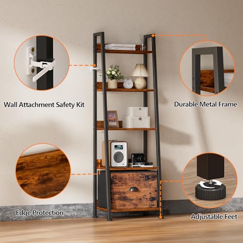 Furologee 5-Tier Ladder Shelf, Ladder Bookshelf with Removable Drawer, Rustic Bookcase Storage Rack Organizer, Wood Metal Freestanding Storage Shelf for Living Room, Home Office, Bedroom, Balcony - color: Rustic Brown, size: 5-Tier, 15" W