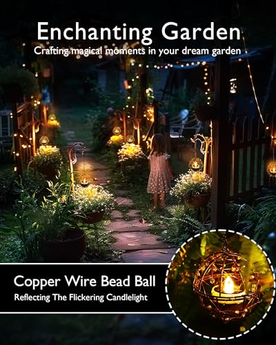 Homemory Solar Tea Lights Outdoor Waterproof Hanging Lanterns, Beaded Copper Wire Ball Holders with Solar Powered Tea Lights Candles, Ideal for Patio, Garden, Backyard, Pergola, Tree, Fence, 4-Pack - color: 4-Pack, Hanging Lanterns Solar Tealights