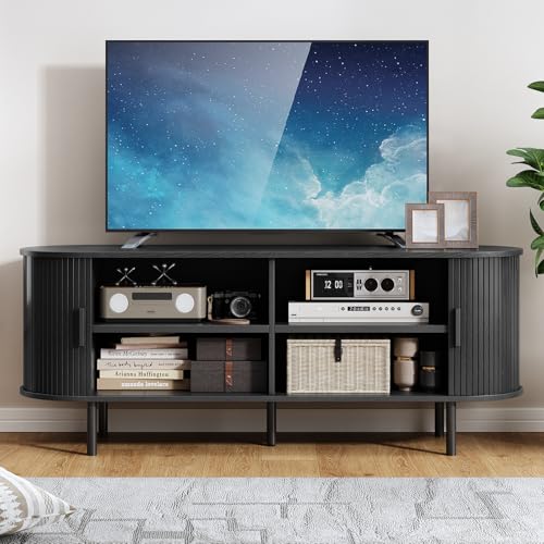 55" TV Stand with Power Outlet, Modern Media Console with Sliding Doors, Entertainment Center for TVs up to 60 Inch, Adjustable Shelves, Black - color: Black, size: 55 Inch