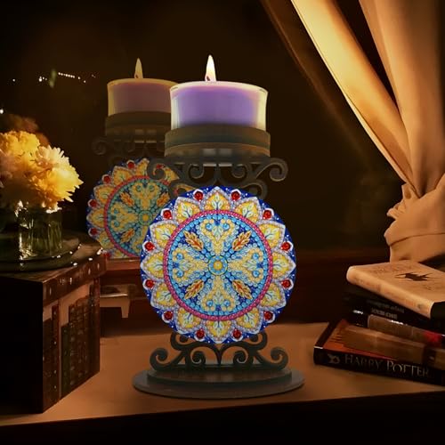 BAYUNOE 2Pcs DIY Candlestick Holders Wooden Desktop Diamond Art Painting Candle Holder Double-Sided Diamond Vintage Modern Decorative for Table Mantel Wedding Dinning Party-01 - color: 2pcs-01