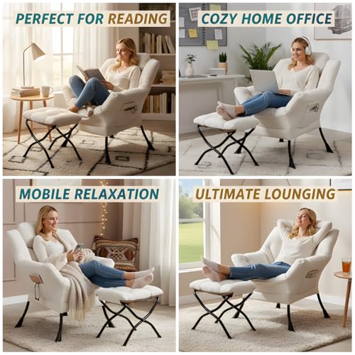 Tiita Lazy Chair with Ottoman, Beige Modern Large Accent Chair, Comfy Leisure Sofa Armchair with Ottoman, Reading Chair with Footrest for Bedroom, Living Room, Dorm Rooms, Beige - color: Peach Skin Beige