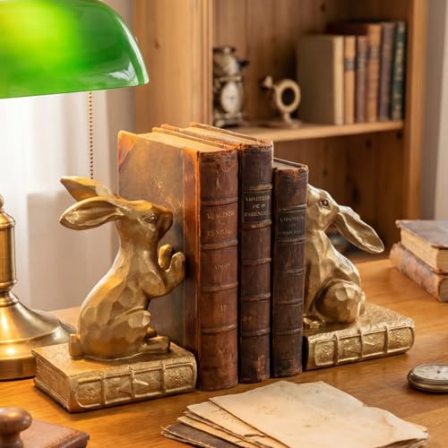 Tatuo 2 Pcs Decorative Rabbit Bookends for Shelves, Bunny Gift Book Ends for Heavy Books Animal Stopper Retriever Statues Bookends with Anti-Slip Base for Book Lover Home Bookshelf, Bronze - style: Rabbit