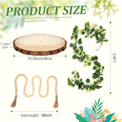 Geelin 6 Pcs Boho Rustic Table Centerpieces, 3 Modern Ceramic Vases, Wooden Slice Tray, Farmhouse Wood Beads Garland with Tassel, Artificial Vines for Dining Home Table Decor(Neutral) - color: Neutral