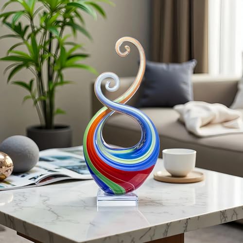 14″ Hand Blown Glass Decor - Murano Style Art Glass Sculpture - Weatherproof Multicolor Swirled Abstract Cameo Glass Artwork for Indoor Outdoor Use - Giftable Art Piece - color: Vibrant