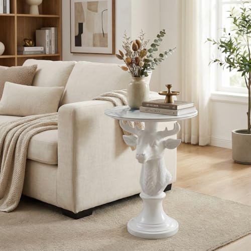 Modern Accent TableLiving Room White Deer Statue Contemporary‌ Faux Marble Night Stand Side Table with White Deer Base Reception Area & Bedroom（Width 19.69" ——Tall 25.59"） - style: White Deer Statue Table