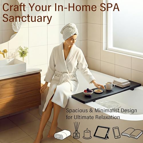 Elegant Black Bamboo Bathtub Tray Caddy for Freestanding Tub, 35" L Adjustable Bath Tray for Tub, Luxury Spa Bathroom Tray Organizer Table, Bath Tub Accessories for Women, Housewarming, Birthday Gifts - color: Black, size: 35"W x 9"D x 2"H