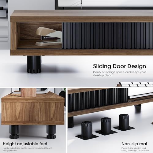 Fenge Dual Monitor Stand, 42.5inch Long Monitor Stands Riser for 2 Monitors, Sliding Door with Storage Organizer Stand for Desk, 2 Tier Desk Shelf for Laptop, Pc, Printer, Computer, TV - color: Brown