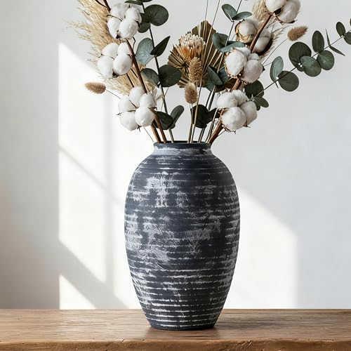 Lvases Farmhouse Rustic Ceramic Vase, 10.6 inch Gray-White Textured Modern Weathered Pottery Terracotta Vintage Vases for Home Decor Enterway Coffee Table Mantel Shelf Decorative (Tall - B) - color: Gray+white, size: 5.9 in X 10.6 in