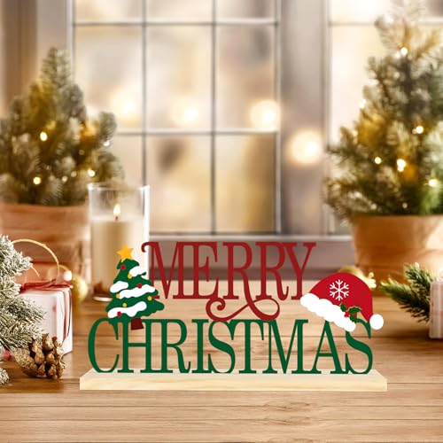 COCHIE Metal Merry Christmas Sign, Christmas Tree Table Centerpieces Decorations for Home, Office, Shelf, Mantel, Indoor, Xmas Red and Green Party Decor Supplies (XMAS A) - style: XMAS A