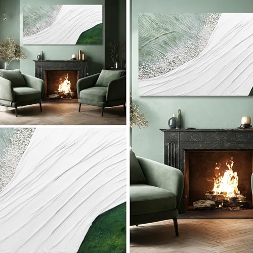 Hue7Art Contemporary Abstract Nature-Inspired Canvas Wall Art with White Flowing Lines and Green Accents, Minimalist Textured Artwork for Living Room Bedroom Office 29x58 Inch - color: White and green, size: 58"L x 29"W
