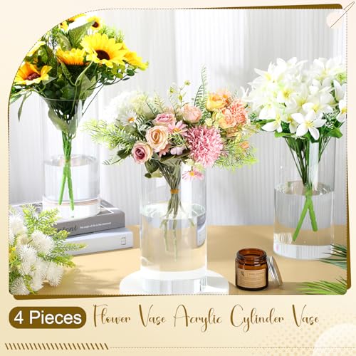 Qunclay 4 Pcs Acrylic Flower Vase Plastic Cylinder Vase for Centerpiece Decorative Clear Acrylic Cylinder Containers Break Resistant Round for Home Party Table Deco(5 x 10 Inch) - size: 5 x 10 Inch
