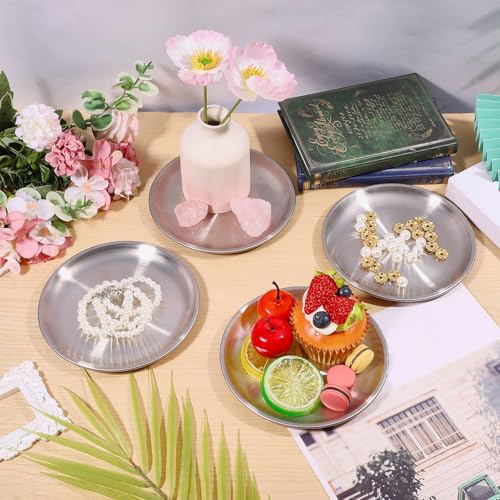 GLOBLELAND 4 Pack Silver Gray Decorative Iron Plate Candle Holder Stainless Steel Round Candles Tray Holders Set Decorative Pillar Candle Holder Dish for Table Centerpiece