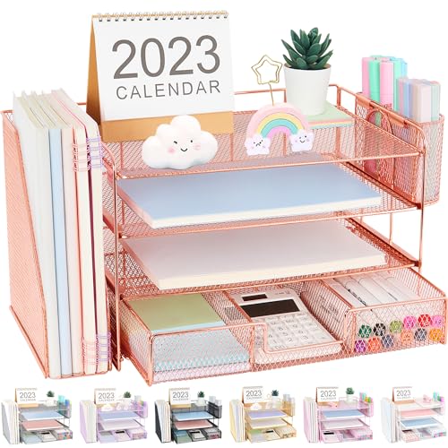 OPNICE Desk Organizer, 4-Tier Desktop File Organizer with Drawer and 2 Pen Holders, Office Desk Accessories, File Sorters, Workspace Organizers for Office Supplies(Rose Gold) - color: Rose Gold, size: 4-Tier