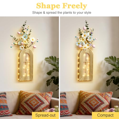 HOMECOR Easter Wall Decor Set of 2 - Boho & Modern Farmhouse Hanging Wooden Vase with Fairy Lights & Artificial Plants, Spring Wall Art for Living Room, Bedroom, Bathroom, Mothers Day Home Decor Gift - style: Flower - Easter Wall Decor