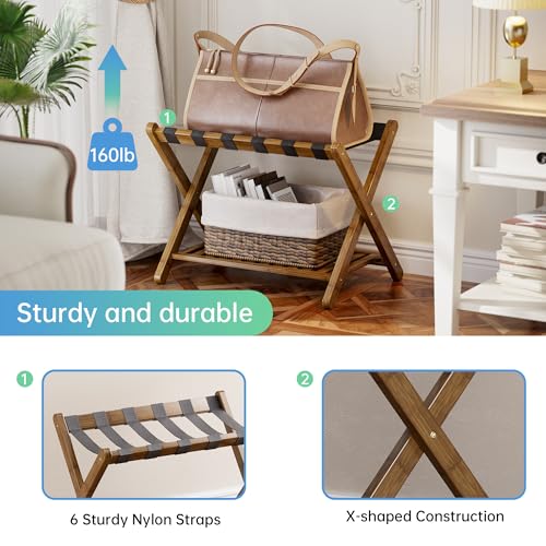 SMIBUY Luggage Rack, Foldable Bamboo Suitcase Stand with Storage Shelf for Guest Room, Bedroom, Hotel, Heavy-Duty, 1 Pack (Walnut) - color: Walnut