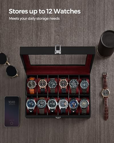SONGMICS Watch Box, 12-Slot Watch Case Organizer with Large Glass Lid, Removable Pillows, Gift for Loved Ones, Black Synthetic Leather, Wine Red Lining UJWB120R01 - color: Black + Wine Red, size: 12 Slot