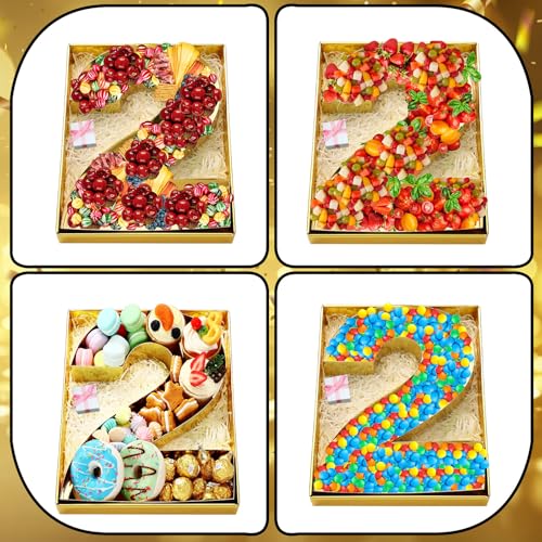 SiliFine 12" Charcuterie Number Shaped Mache with Clear Lid Fillable Sweets Serving Trays Paper Mache Cupcake Candy Box for 2025 Graduation Party Graduation Celebration(Gold,Number 2) - color: Gold, style: Number 2