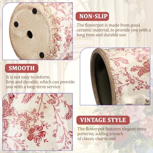 Ceramic Scroll Planter 6.5 Inch Chinoiserie Floral Vase with Drainage Holes Vintage Flower Vase Flower Pot Rustic Ceramic Pots for Indoor Plants Garden Home Bookshelf Decor(Retro Pink) - style: Retro Pink
