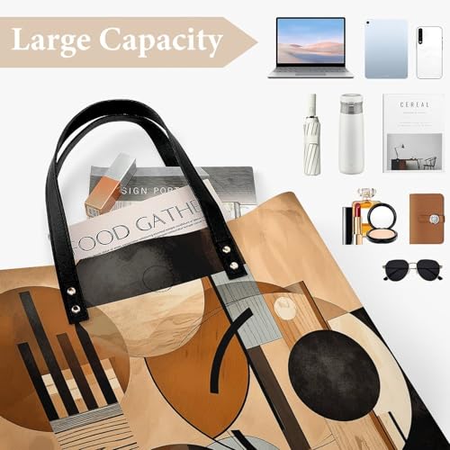 Beige And Black Objects Tote Bag for Women, Large PU Leather Handbag, Reusable Shopping Bag for Work, Travel, Beach